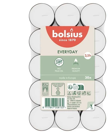 Žvakė, arbatinė Bolsius, 3.5 h, 30 vnt., Balta