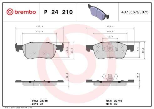 Stabdžių trinkelių rinkinys, diskinis stabdys BREMBO P 24 210