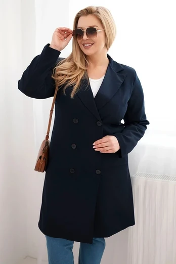 Moteriškas Plus Size paltas su apykakle, tamsiai mėlynos spalvos
