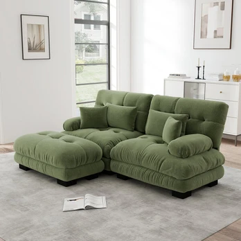 Chenilės kampinė sofa, modulinė, su ottomane, žalia, 1 vnt