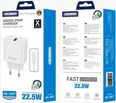 JELLICO wall charger AK165 22,5W 1xUSB QC3.0 + cable Lightning Baltas