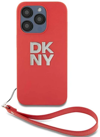 Dėklas DKNY PU Leather Stack Logo Wrist Strap Case for iPhone 15 Pro Max Raudona