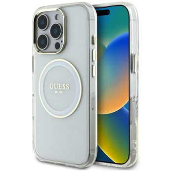 Dėklas Guess IML Metal Colored Circle Classic Logo MagSafe do iPhone 16 Pro Max balta