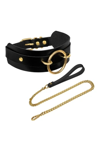 KINKY DIVA O-Ring Front Collar & Leash Black/Gold Adjustable Vegan