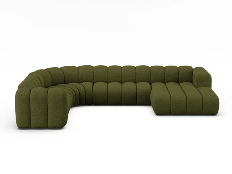 Boucle Modular Panoramic Left Corner Sofa, "Lupine", 6 Seats, 370x280x70, Dark Olive Green
