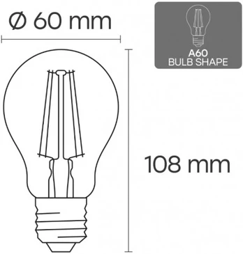 LED Dimmable filament bulb E27, A60, 8W, 1040lm, 3000K, 360°