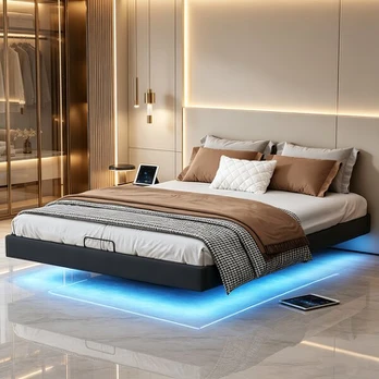 Lova, 160 x 200 cm, su LED lempute, juoda