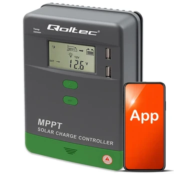 Qoltec Solar Charge Controller MPPT with Temperature Sensor 30A | 12V / 24V | LCD | 2 x USB | Bluetooth | APP | GEL | LiFePO4