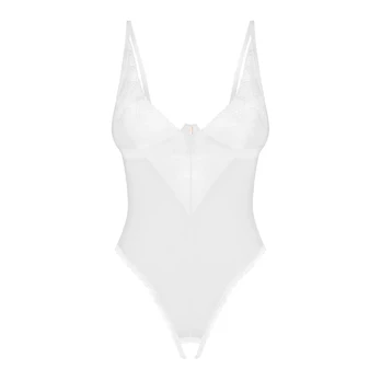 Obsessive Alissium White Bodysuit XL/2XL - Geometric Lace, Open Design