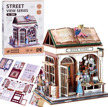 Wooden 3D Dėlionė Series Bookstore building 148 elements lighting ZA6014