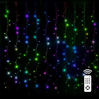 LED Christmas string - curtains copper wire with remote control and hangers, 3x3m, multicolor, 5V USB, IP44, 300LED