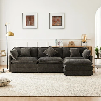 Modernus L formos kampinė sofa, Chenille, 3 vietų, pufas, pilka