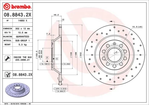 Stabdžių diskas BREMBO 08.8843.2X