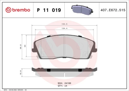 Stabdžių trinkelių rinkinys, diskinis stabdys BREMBO P 11 019