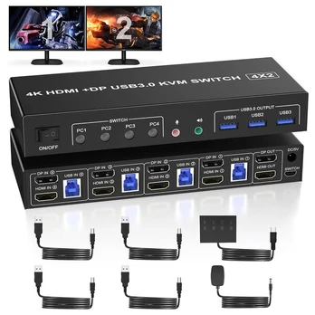 4 prievadų "DisplayPort" HDMI KVM jungiklis 4K 60 Hz