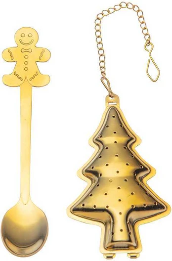 Tea set - golden infuser and golden teaspoon. dec. with a Christmas medžio/Gingerbread Man