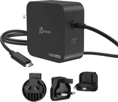 J5 create - 102W GaN PD USB-C 2-Port Charger, Interchangeable AC Plugs