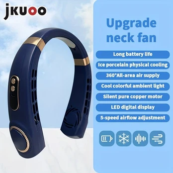 JKUOO Nešiojamas Beašmenis Kaklo Ventiliatorius su LED Ekranu, Mėlyna