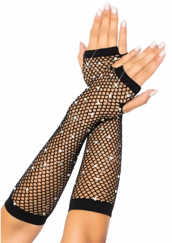 Rhinestone Fishnet Arm Warmers - Elegant Mesh, Black, One Size
