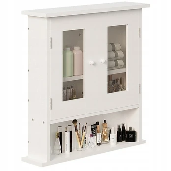 Balta sieninė vonios spintelė su 2 stiklinėmis durelėmis, lentynomis, 58 cm