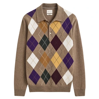 Polo marškiniai ilgos rank. vyrams, Ruda, Superfine lambswool polo