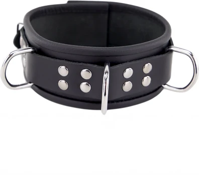 Red Leather Collar Model 3D Black, Triple Metal Rings, Adjustable