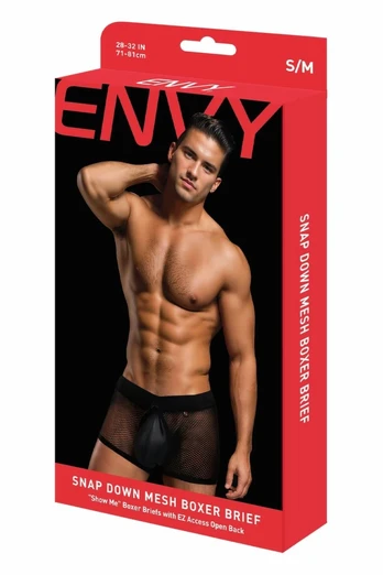 ENVY Snap Down Mesh Boxer Brief Black M/L - Breathable Mesh, Snap Pouch