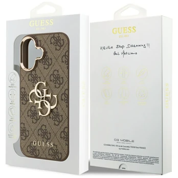 Guess PU Leather 4G Metal Logo Gold Frame Case for iPhone 17 Brown