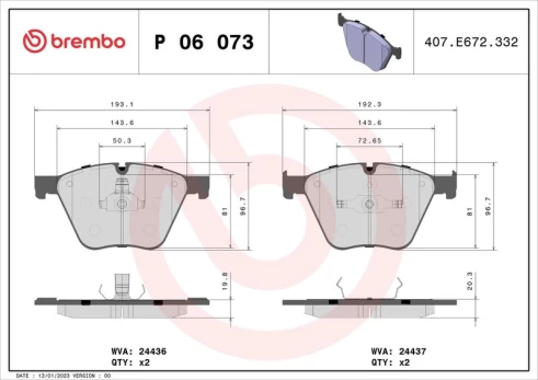 Stabdžių trinkelių rinkinys, diskinis stabdys BREMBO P 06 073