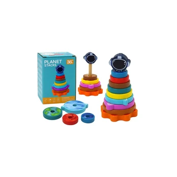 Lean Pyramid Sorter Wooden Pyramid Puzzle Planets Space 10 pieces.