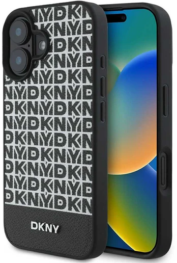 DKNY PU Leather Repeat Pattern Bottom Stripe MagSafe Case for iPhone 16 Plus Juodas
