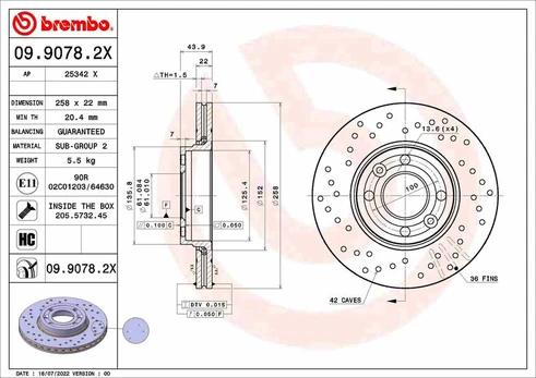 Stabdžių diskas BREMBO 09.9078.2X