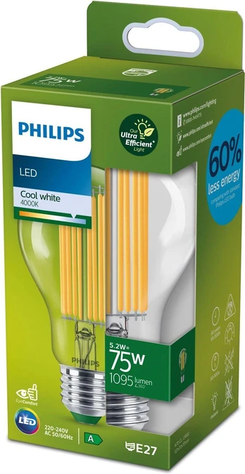 Philips Ultra Efficient LED -lamppu, E27, 4000 K, 1095 lm, kirkaspintainen