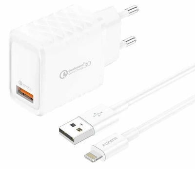Foneng EU54 USB-A, 3A maitinimo įkroviklis (baltas) + USB-A iki Lightning kabelis