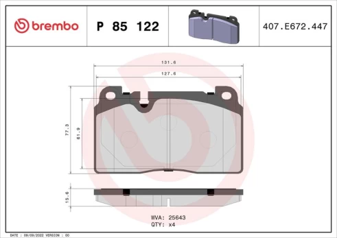 Stabdžių trinkelių rinkinys, diskinis stabdys BREMBO P 85 122