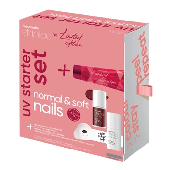 Alessandro STRIPLAC UV STARTER SET NORMAL / SOFT NAILS riboto leidimo rinkinys