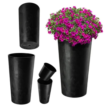 Juodas gėlių vazonas 36 cm su vidiniu įdėklu, plastiko