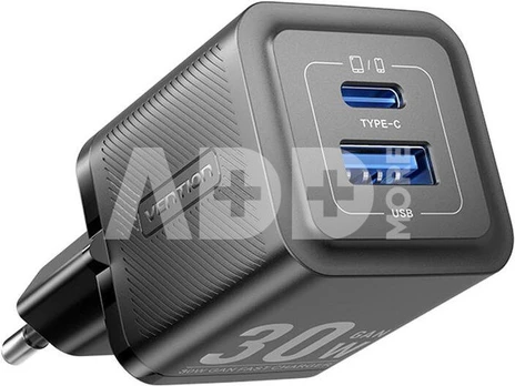 Vention Wall charger FEQB0-EU, USB-C, USB- A, 30W/30W, GaN (black)