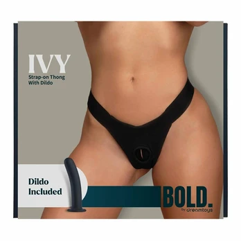 BOLD. IVY Strap-On Thong with Silicone Attachment, Black, Size M