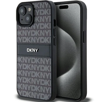 Dėklas DKNY PU Leather Repeat Pattern Tonal Stripe Case for iPhone 15 Plus Juodas