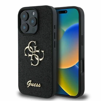 Guess PU Fixed Glitter 4G Metal Logo Case for iPhone 16 Pro Juodas