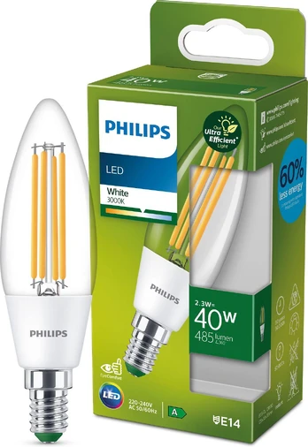 Philips Ultra Efficient LED -kynttilälamppu, E14, 3000K, 485 lm, kirkaspintainen