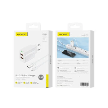 FONENG EU63 įkroviklis - 2xUSB - 12W su micro USB laidu, baltas
