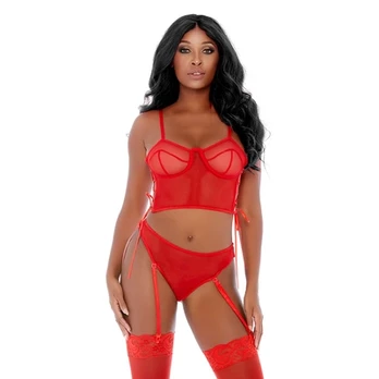 Forplay Allure Ring Me Up Bustier Set XL - Mesh & Gold O-Ring Details