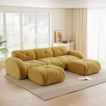 Modulinė sofa, 3 vietų, su 2 taburetėmis, 32D putos, geltona