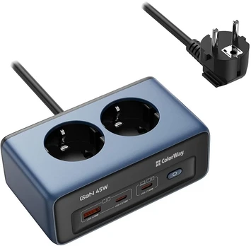 ColorWay CW-CHE25PDB Power Socket: 3xEU plugs/2xUSB-A/2xUSB-C Baltas 2M