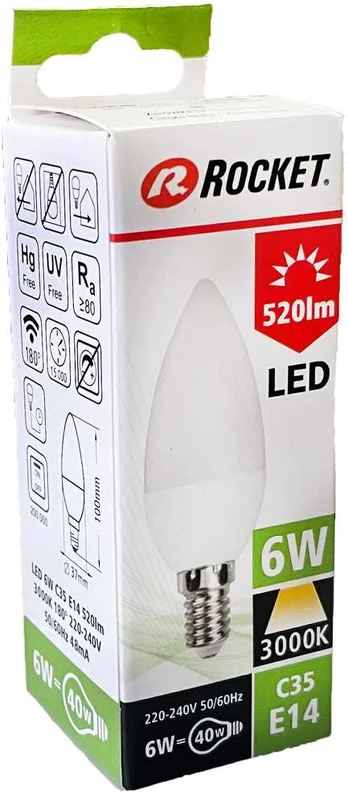 Rocket 6W E14 520lm 3000K A+ LED lemputė, 1 vnt.