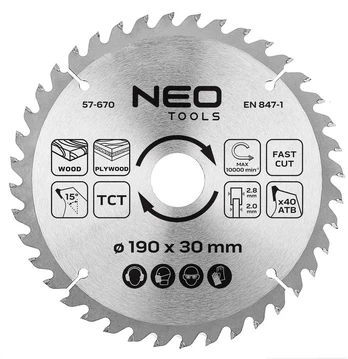 Neo Tools Diskinio pjūklo diskas, Widia, 190 x 30 mm, 40 dantų