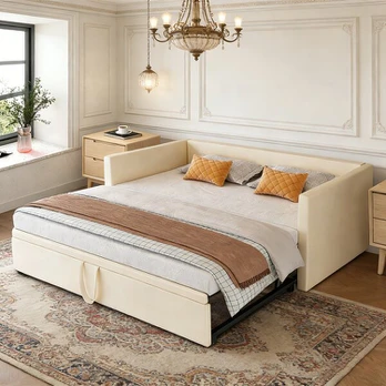 Lova, sofa-lova, 90/180×200 cm, aksomas, smėlio spalvos