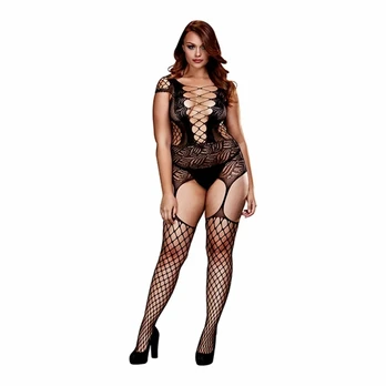 Baci Bodystocking Queen Size Fishnet Corset-Style Juodas Bodysuit